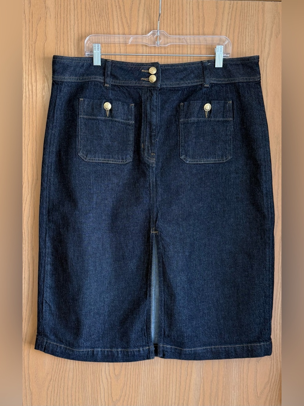 J.Crew | Women's 16 | Dark Wash Denim Midi Skirt Gold Button Patch Pockets EUC